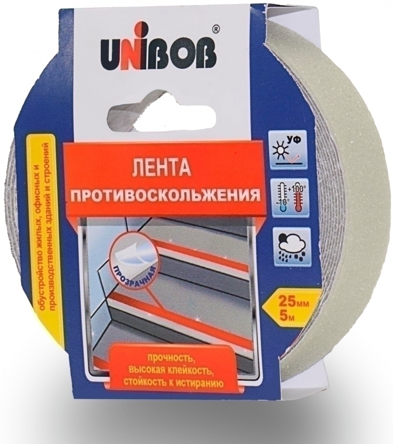 Лента противоскольжения 25мм x 5м прозрачная UNIBOB 54804 Лента противоскольжения 25мм x 5м прозрачная UNIBOB 54804